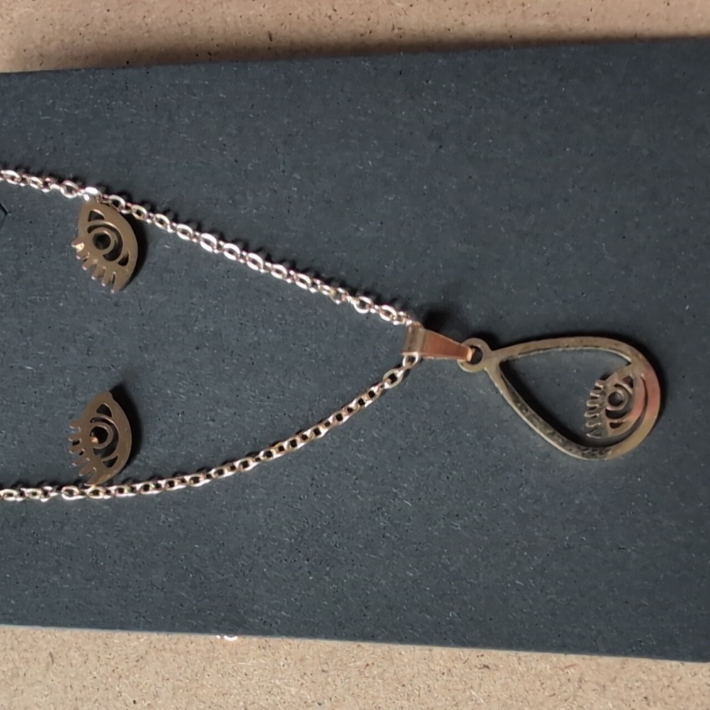 Gold Stainless Steel Eye Pendant Necklace and Earring Set